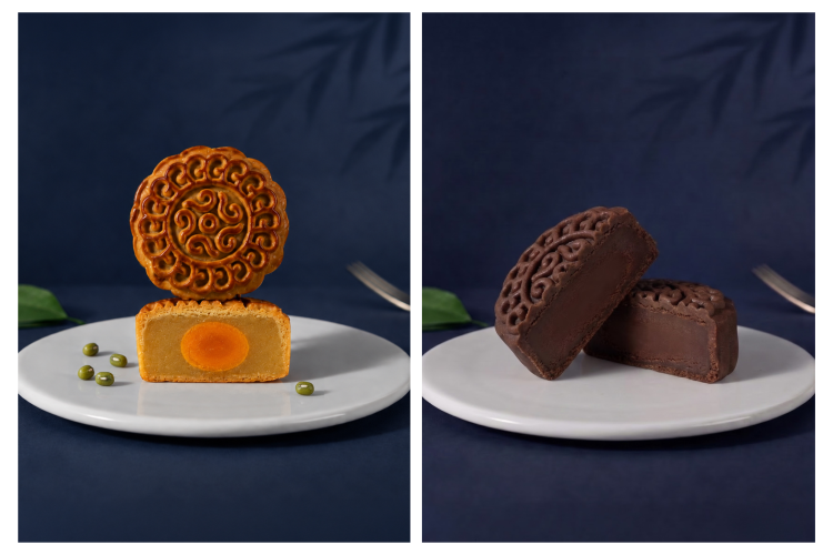 Four mooncake flavors of "Moonlit Harmony" including Mixed Nuts with Salted Egg Yolk, Black Sesame with Salted Egg Yolk, Pandan Mung Bean, and Chocolate